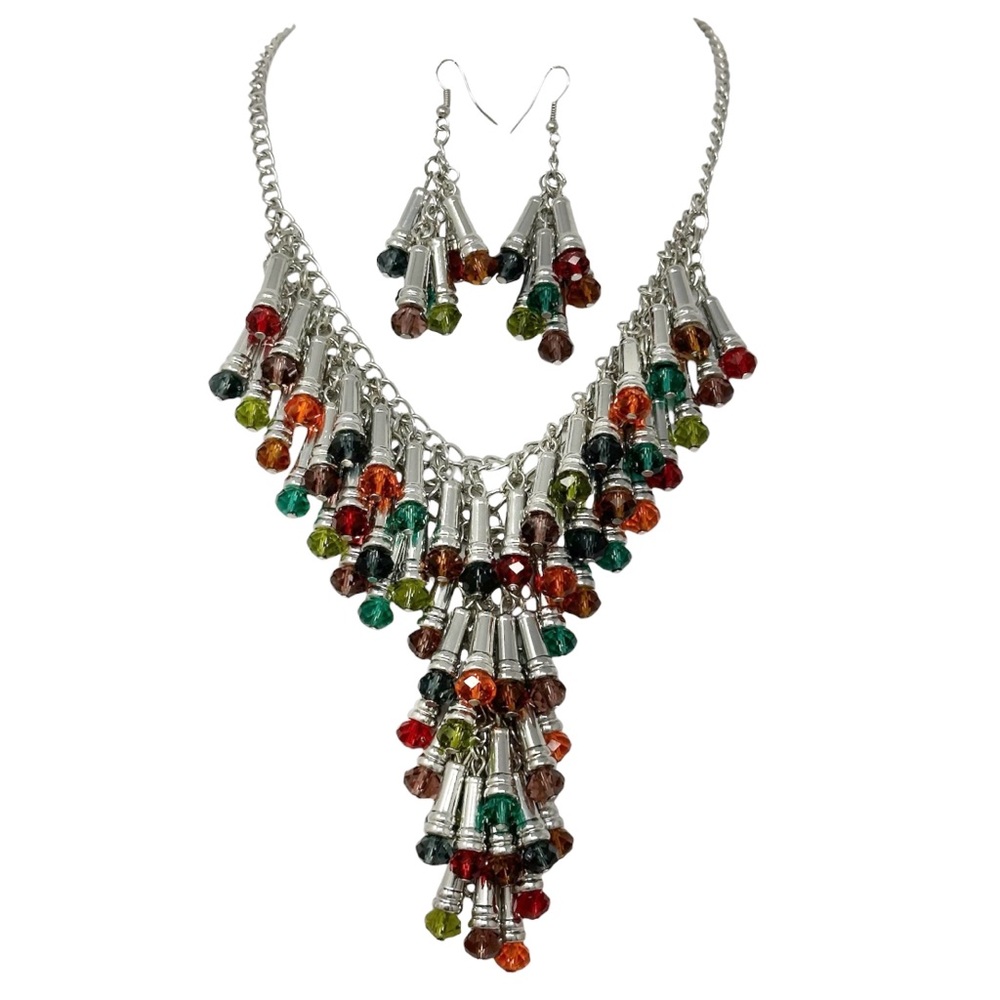 Multi Color Glass Bead Dramatic Y-Drop Bib Necklace Earrings Set